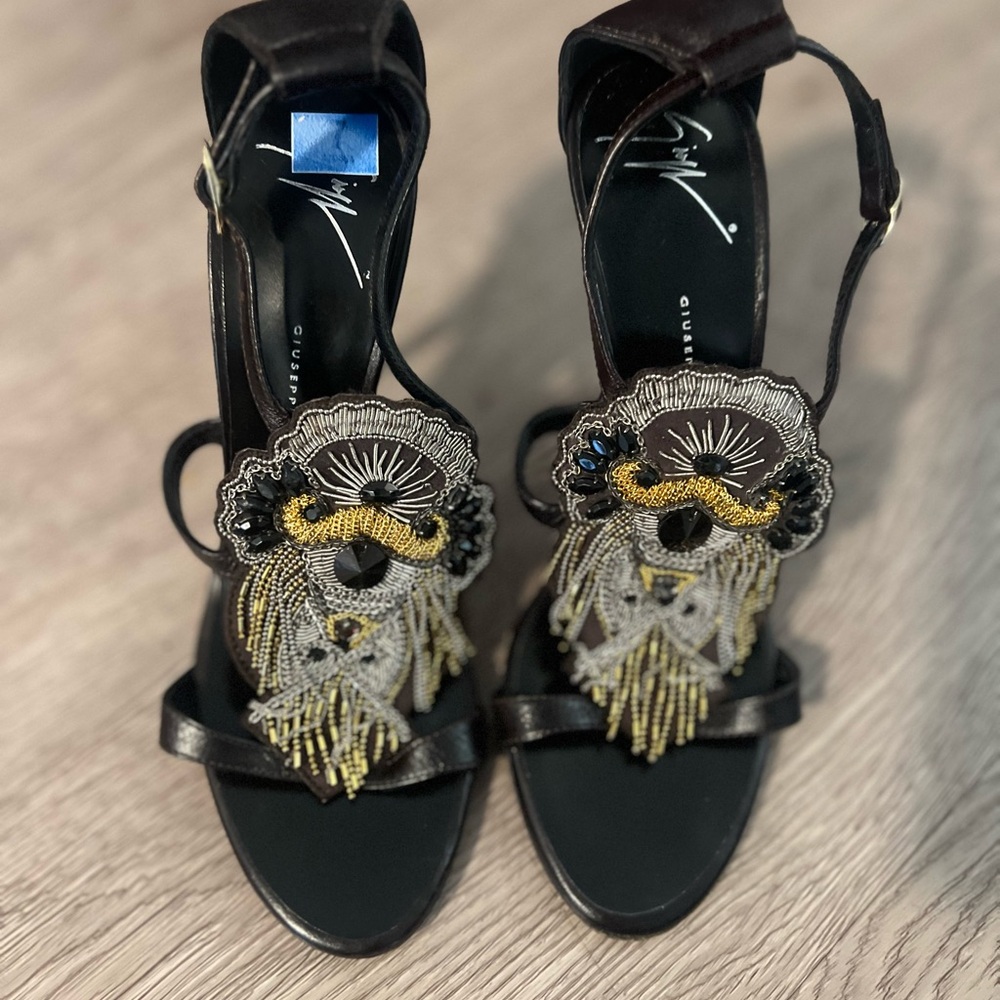 Giuseppe Zanotti Black and Gold Heels with Ornate Design